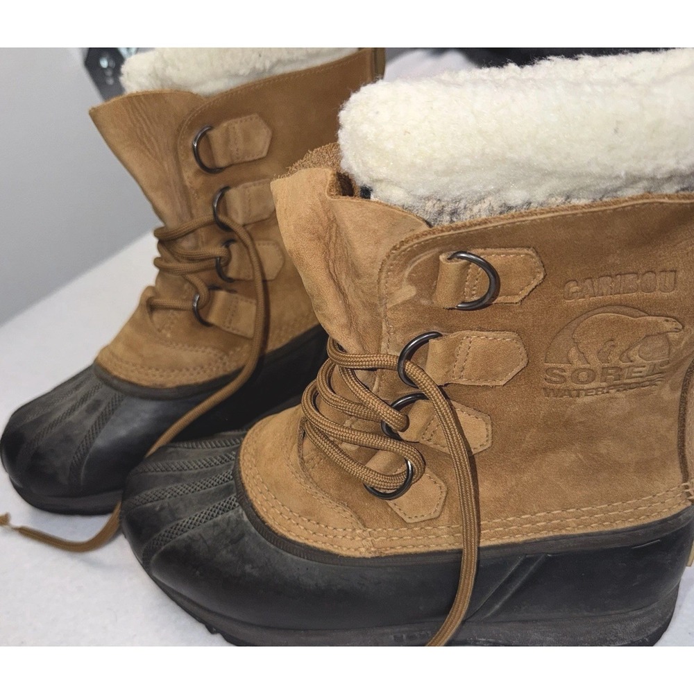 Sorel Caribou Waterproof Winter Boots Tan Black Shearling Lined Womens Size 7